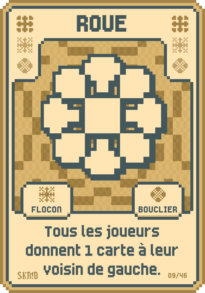 Roue – Carte symbole – “Tous les joueurs donnent 1 carte à leur voisin de gauche.”