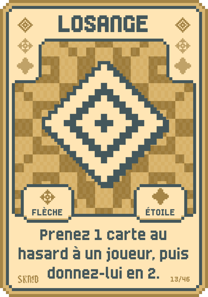 Losange – Carte symbole – “Prenez 1 carte au hasard à un joueur, puis donnez-lui en 2.”