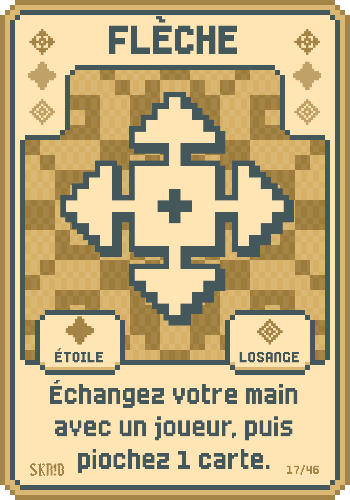 Flèche – Carte symbole – “Échangez votre main avec un joueur, puis piochez 1 carte.”